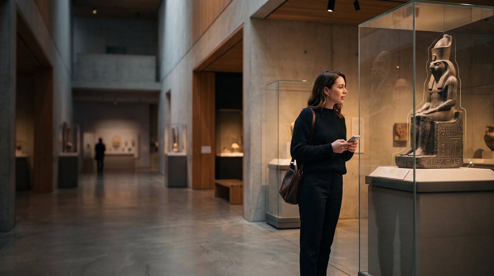 Visitor using a location-aware AI guide while exploring an ancient Egyptian museum exhibit.