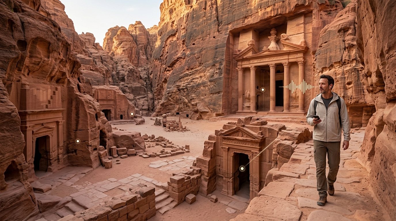Visitor talking to a location-aware AI while exploring a Nabataean-inspired archaeological heritage site.