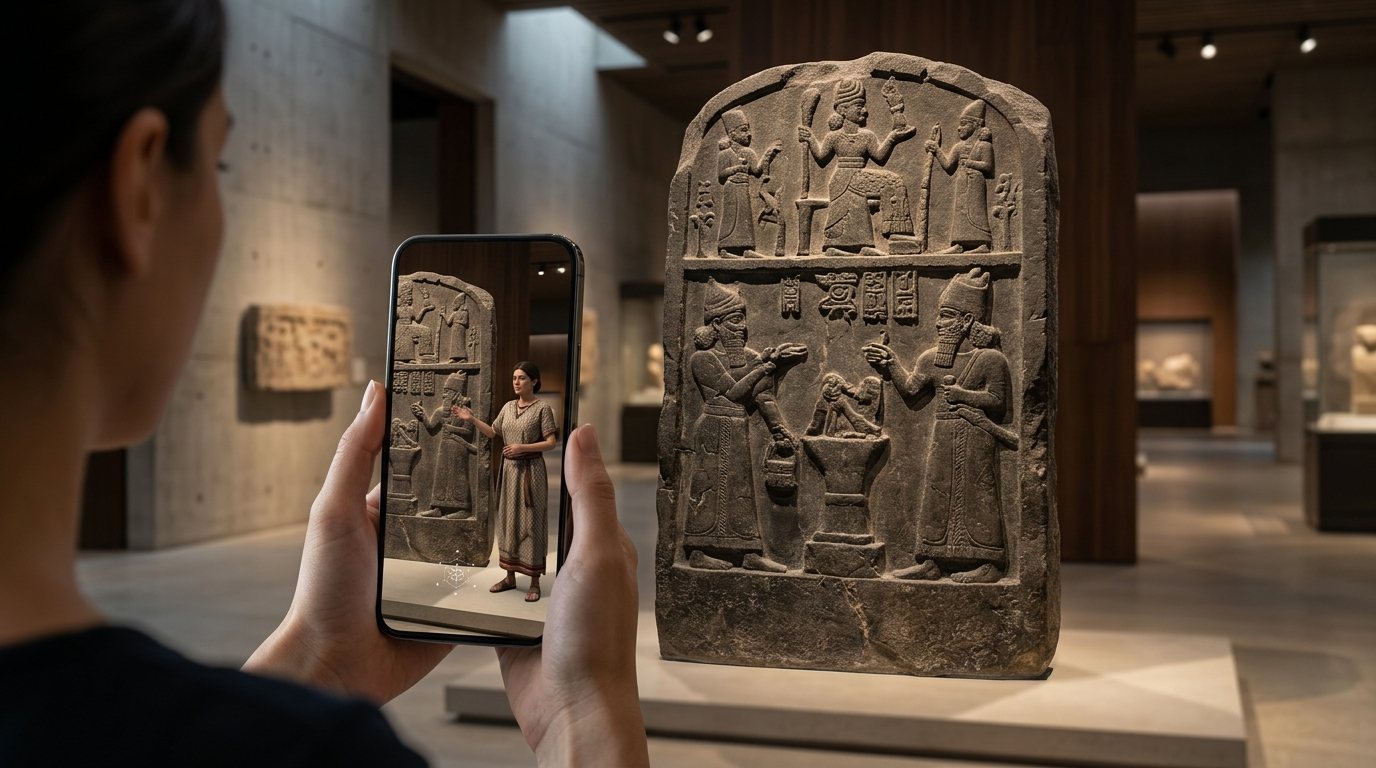 Location-aware 3D AI guide appearing beside a Hittite-inspired museum exhibit.