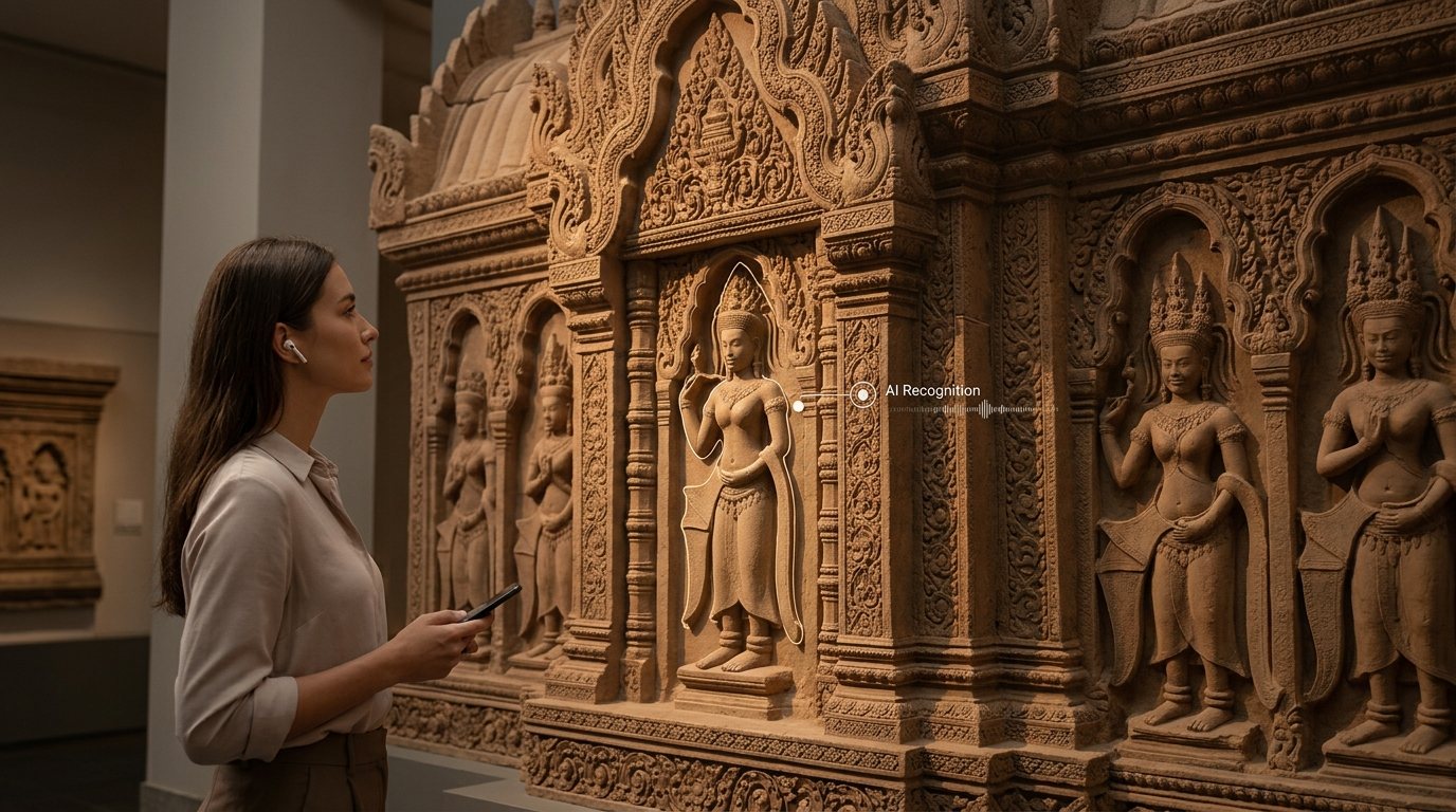 Location-aware AI recognizing a specific figure within a Khmer-inspired historical artifact.