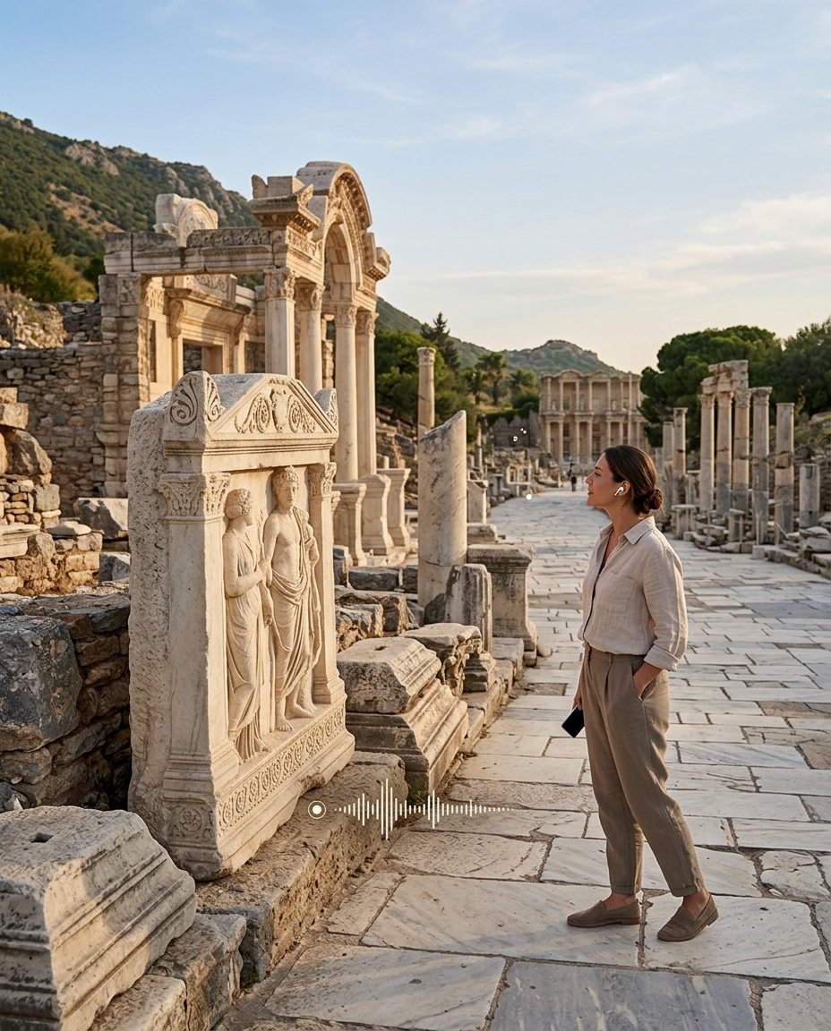 Visitor using a location-aware AI guide while exploring a Greco-Roman archaeological site.