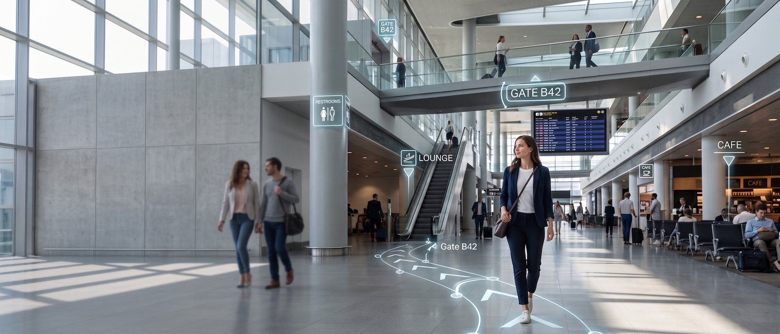 Location-aware AI providing spatial navigation through a modern airport terminal.