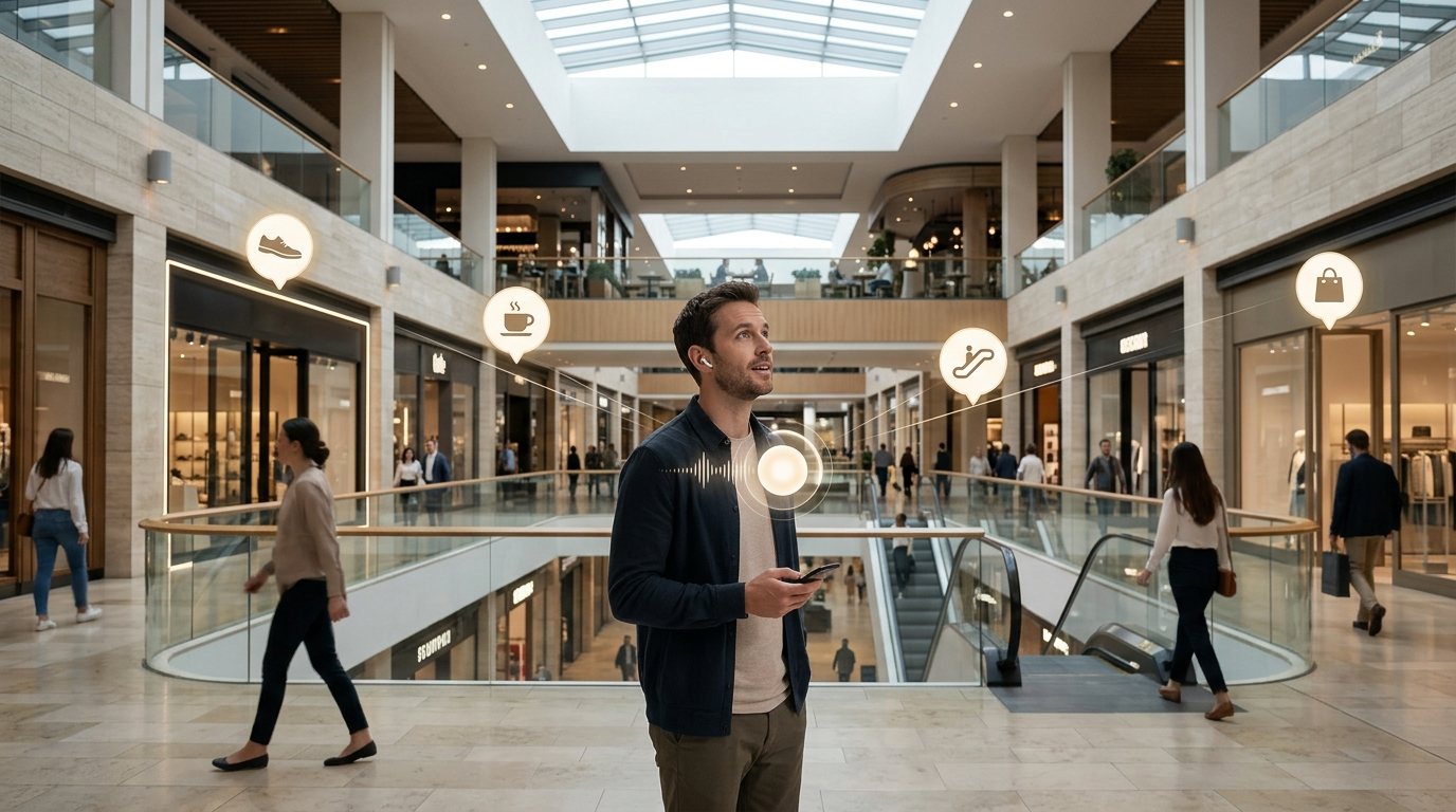 Visitor talking to a location-aware AI that understands nearby places inside a shopping center.