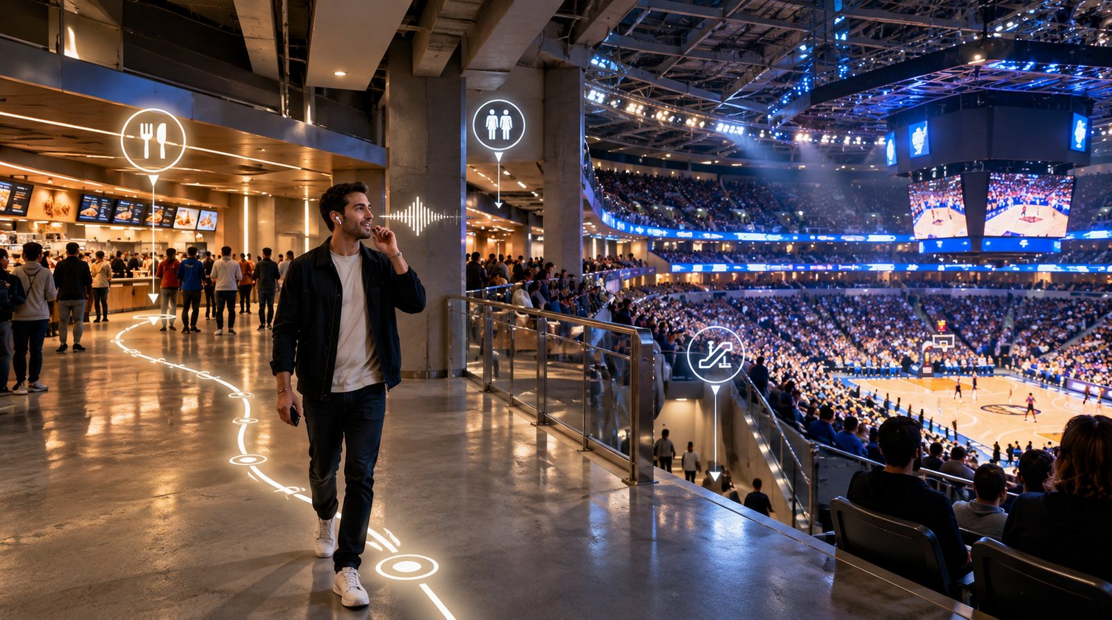 Location-aware AI guiding a visitor to food and venue facilities inside a basketball arena.