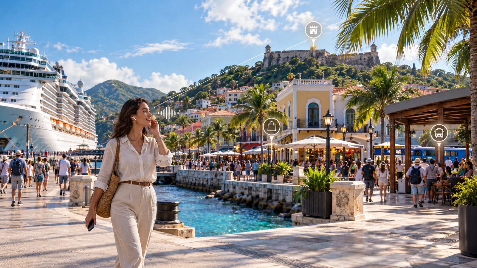 Cruise passenger using a location-aware AI guide to explore a Caribbean destination and its cultural landmarks.